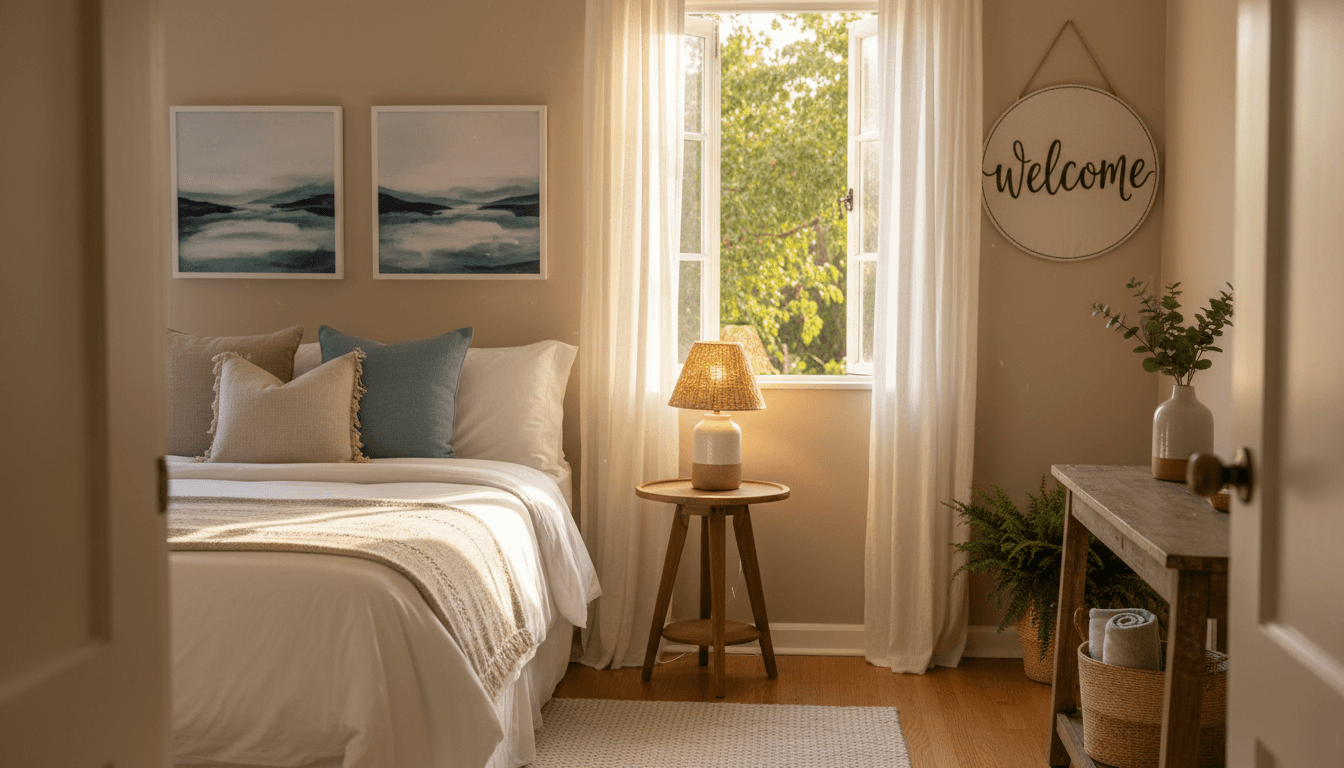 Sunlit guest bedroom with made bed, wooden nightstand, and soft morning light through window curtains